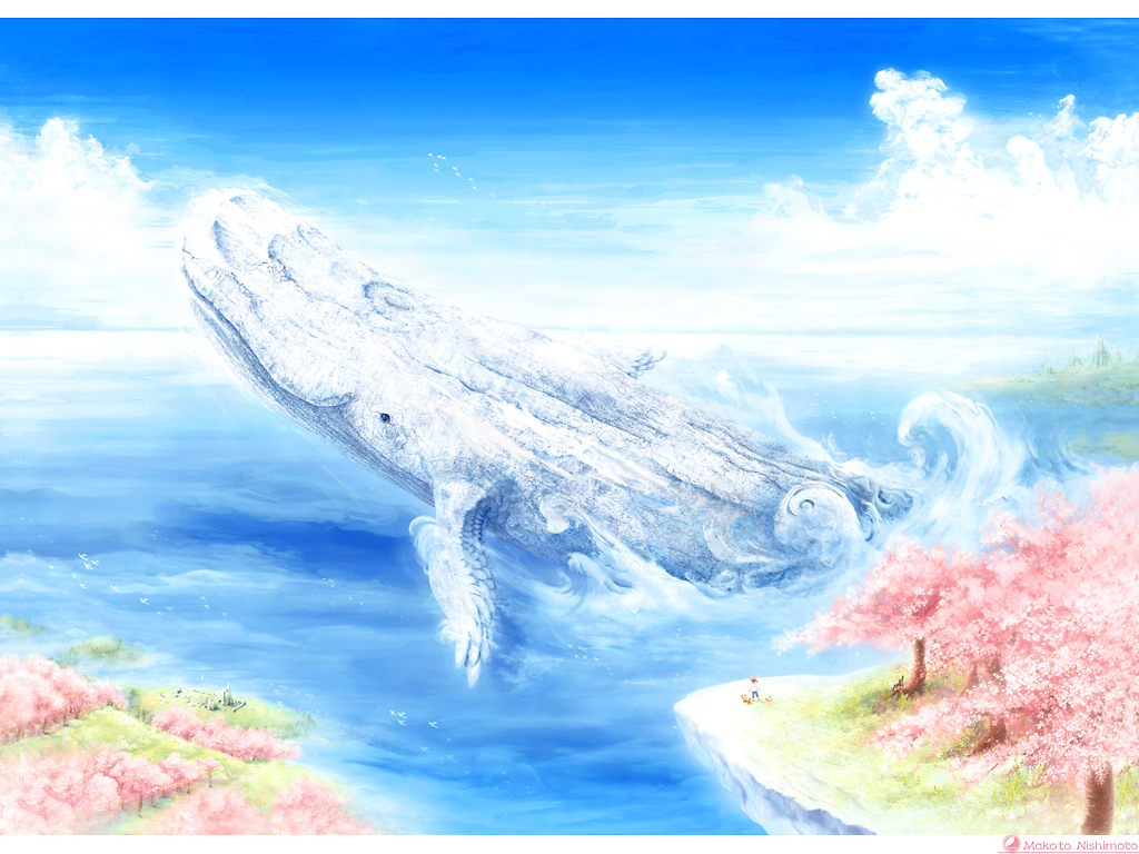 空クジラの微笑む日 イラスト絵画 デスクトップ壁紙