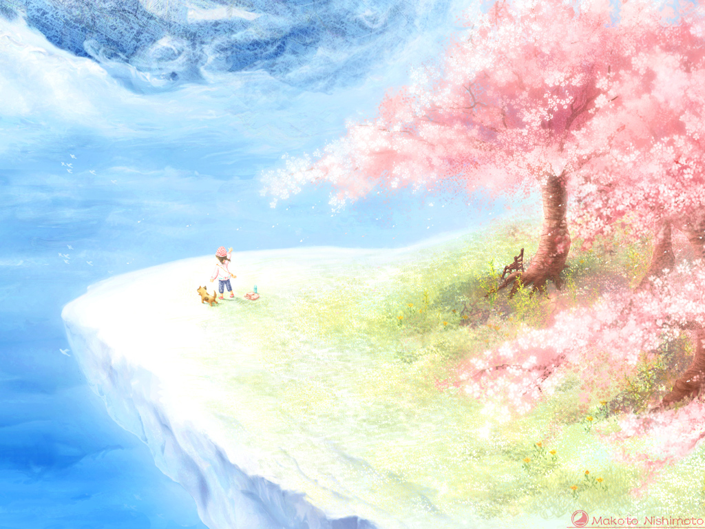 空クジラの微笑む日 桜の木拡大壁紙 イラスト絵画 デスクトップ壁紙 ２